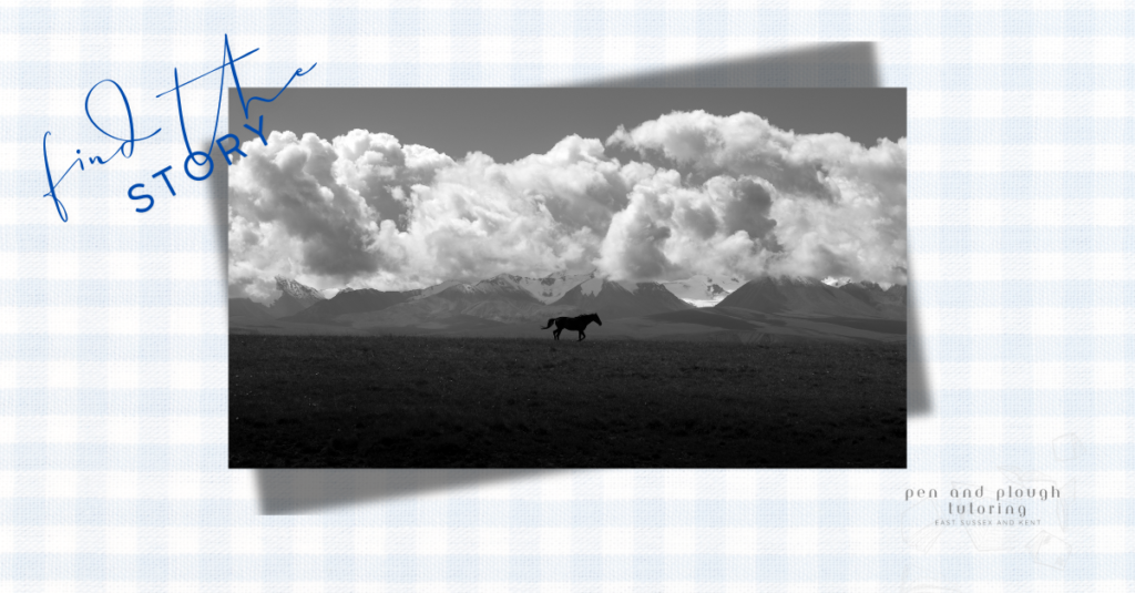 Creative writing prompt of a horse against clouds and hills